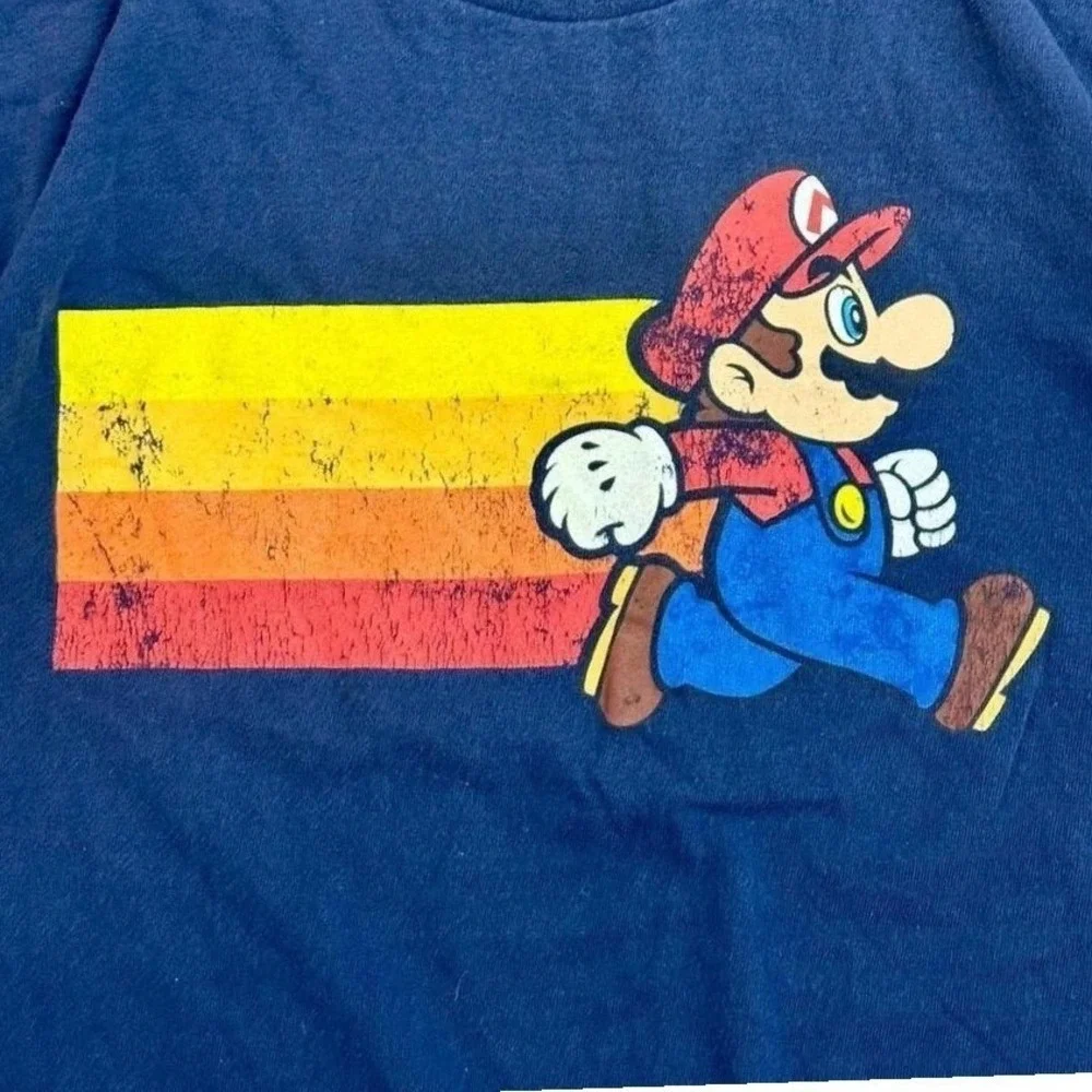 Nintendo Super Mario‎ Bros Kids Navy Blue Graphic T-Shirt Size M Retro Running